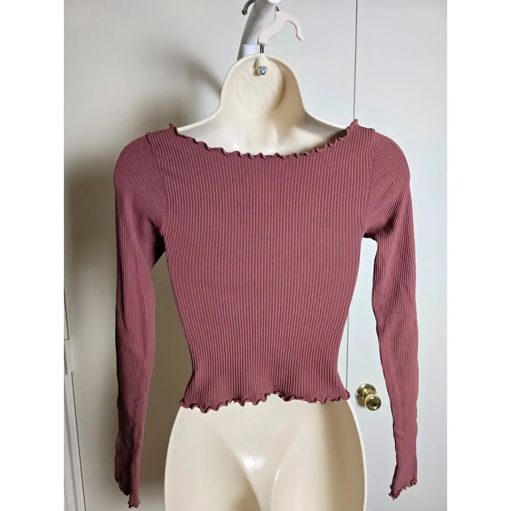 Free People FP Movement Nude Pink Lettuce Rib Knit Long Sleeve Crop Top Sz XS/S